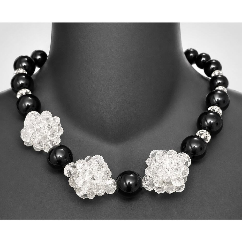 Vintage Clear Glass Black Lucite Statement Necklace Chunky Signed‎ 18" bk01-40